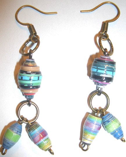 Bright Recycled Paper Bead French Hook Antique Brass Dangle Earrings