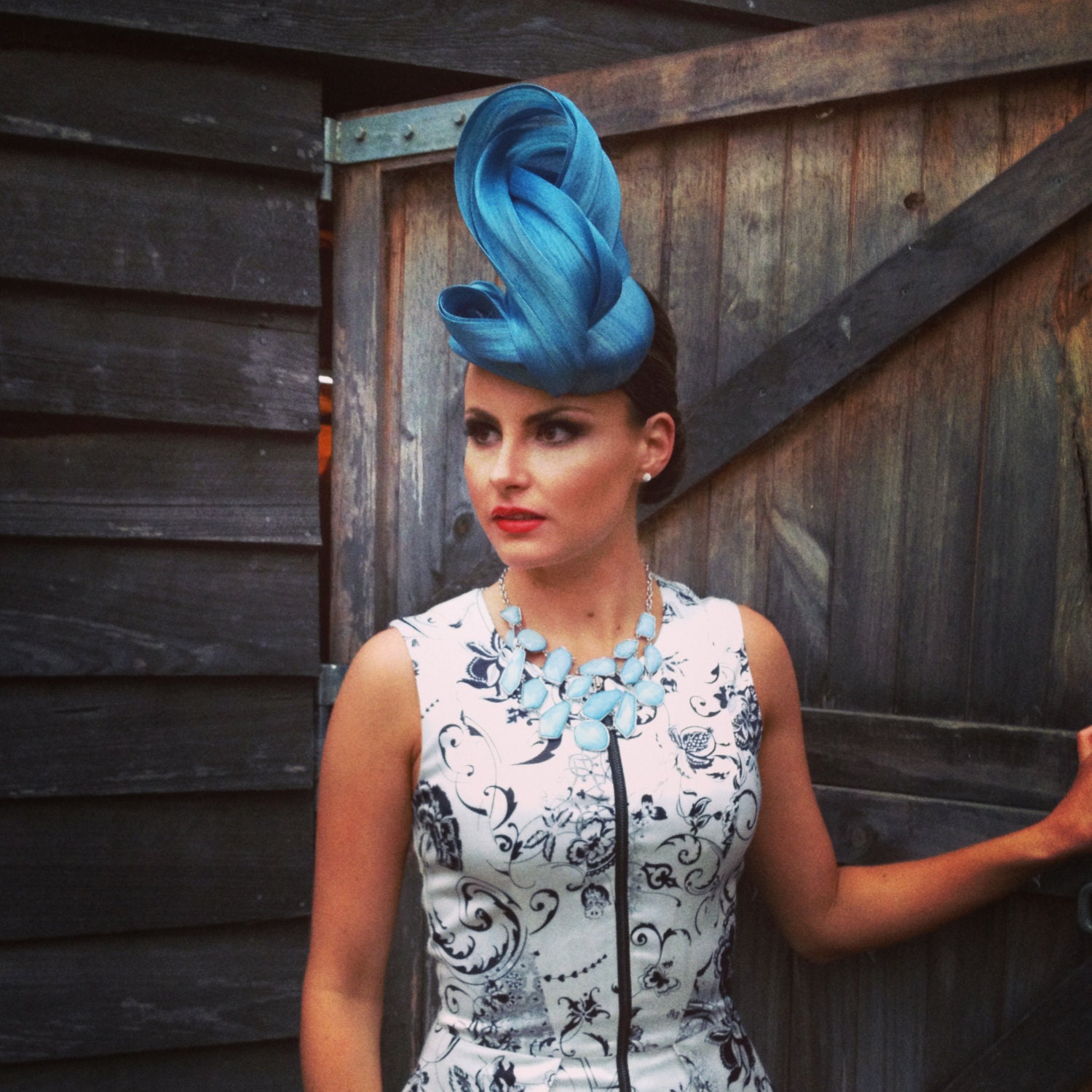 Dusty Blue Silk Abaca Hand Sculptured Fascinator Hat featuring Button Base, Burlesque Pin Up Retro 60s Inspired