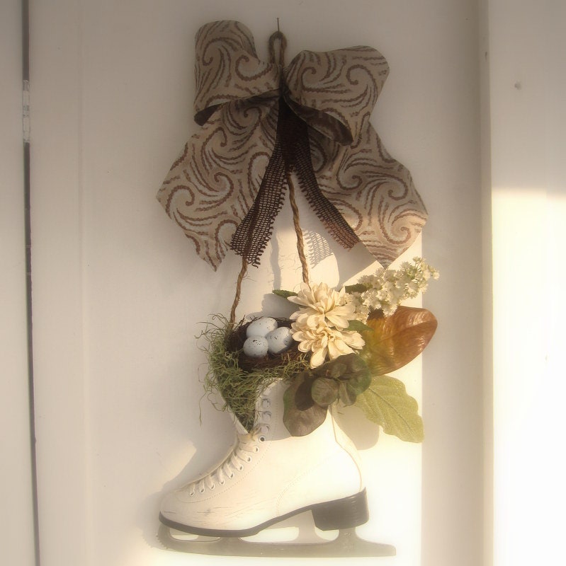 Spring Wreath for Winter, Front Door, Ice Skate Bird Nest Arrangement, Wall Hanging