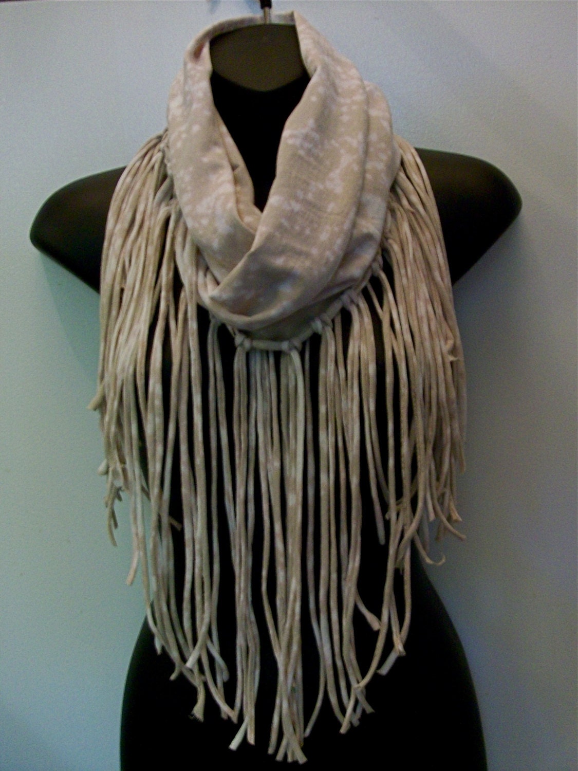 Beige infinity, shredded, eternity, hippie, boho, festival, circle, up cycled, fringe, necklace scarf, fashion scarf