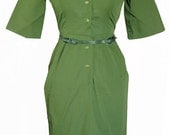 Vintage 1960s Green Mad Men Style Button-Up Hourglass Wiggle Dress with belt - Union Made - Small