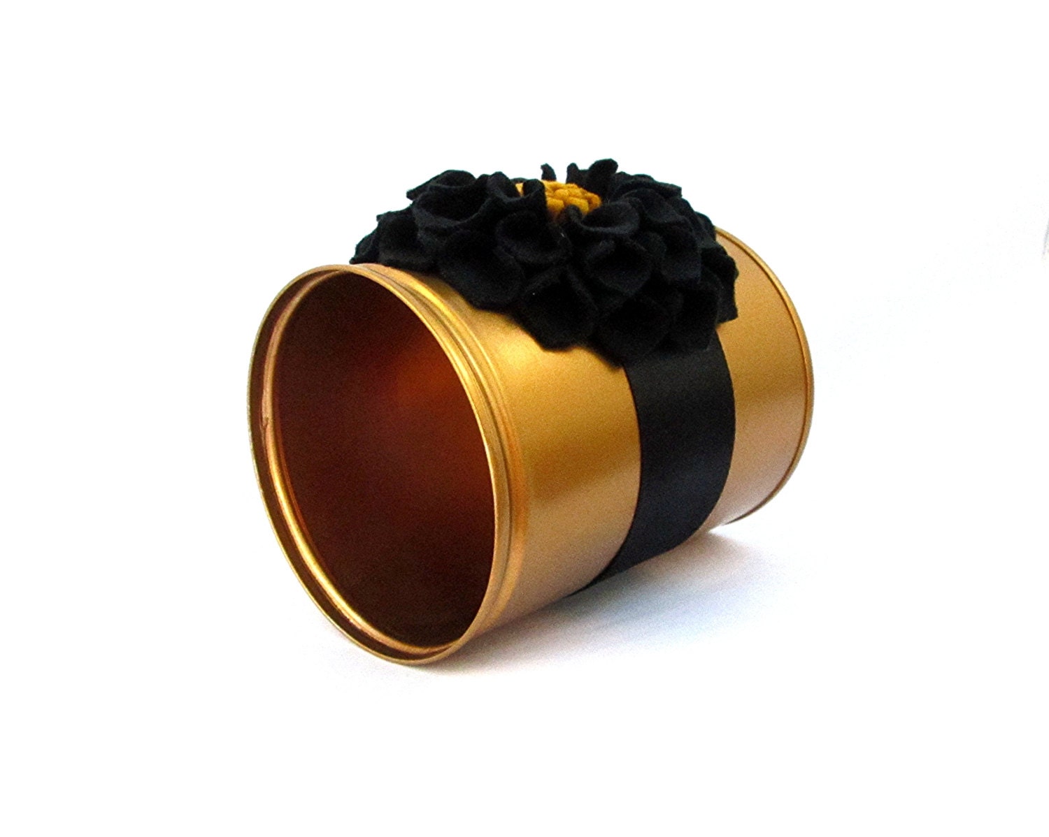 Gold Decorative Tin Can with Black Dahlia - Tea party centerpiece - Upcycled Recycled Repurposed - unique home decor
