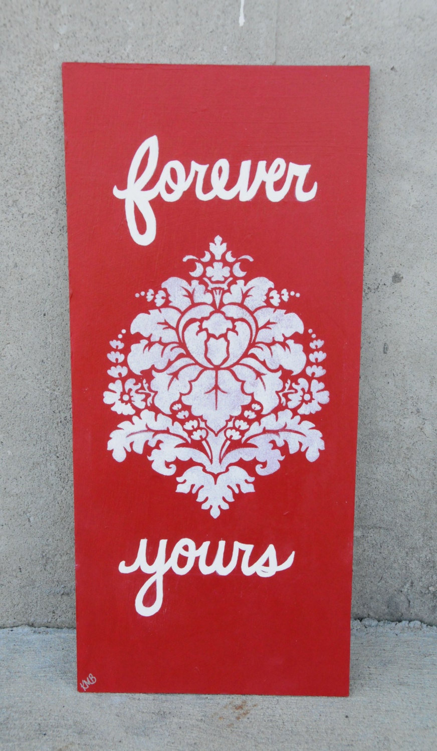 Wedding Sign Red Reception Decoration Love Quote Art Damask Wedding Painting Wood Panel Forever Yours - SilverBirdBoutique