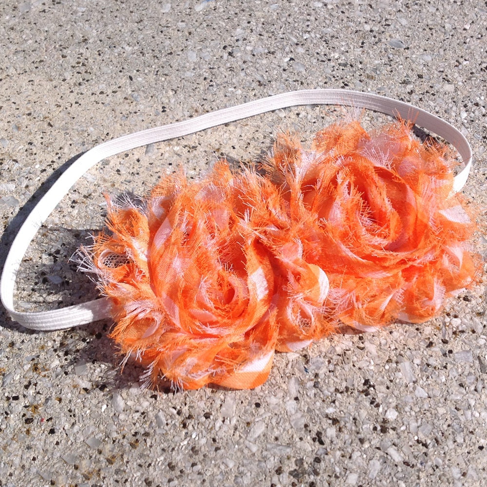 Hair Accessories - Baby Headbands - Flower Headbands - Baby Girl Headbands - Infant Headbands - White and Orange Plaid Shabby Roses