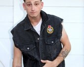 Rooster Brew Biker Denim Black Vest Mens Sleeveless Cutoff Patches Phillips 66 Gas Station