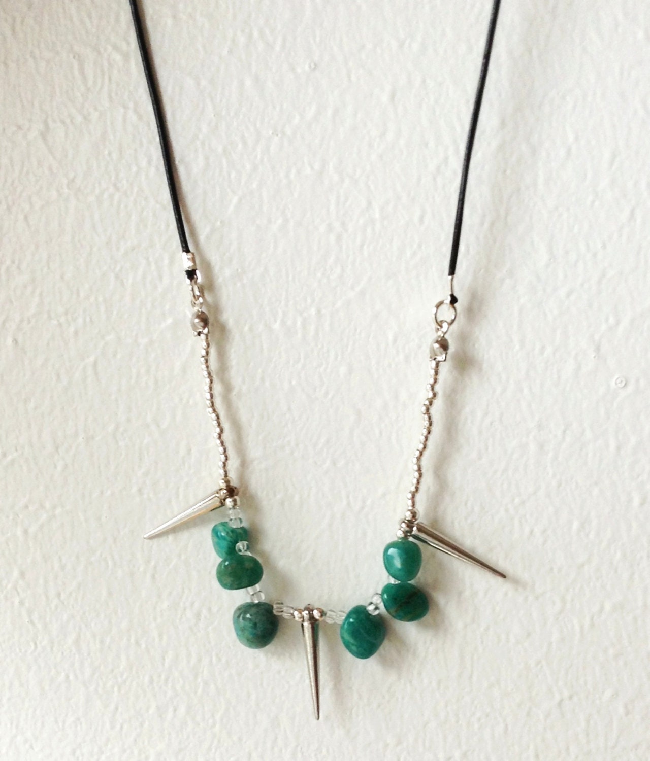 Russian Amazonite Spiked Necklace - Green Gemstones and Spikes Statement Necklace