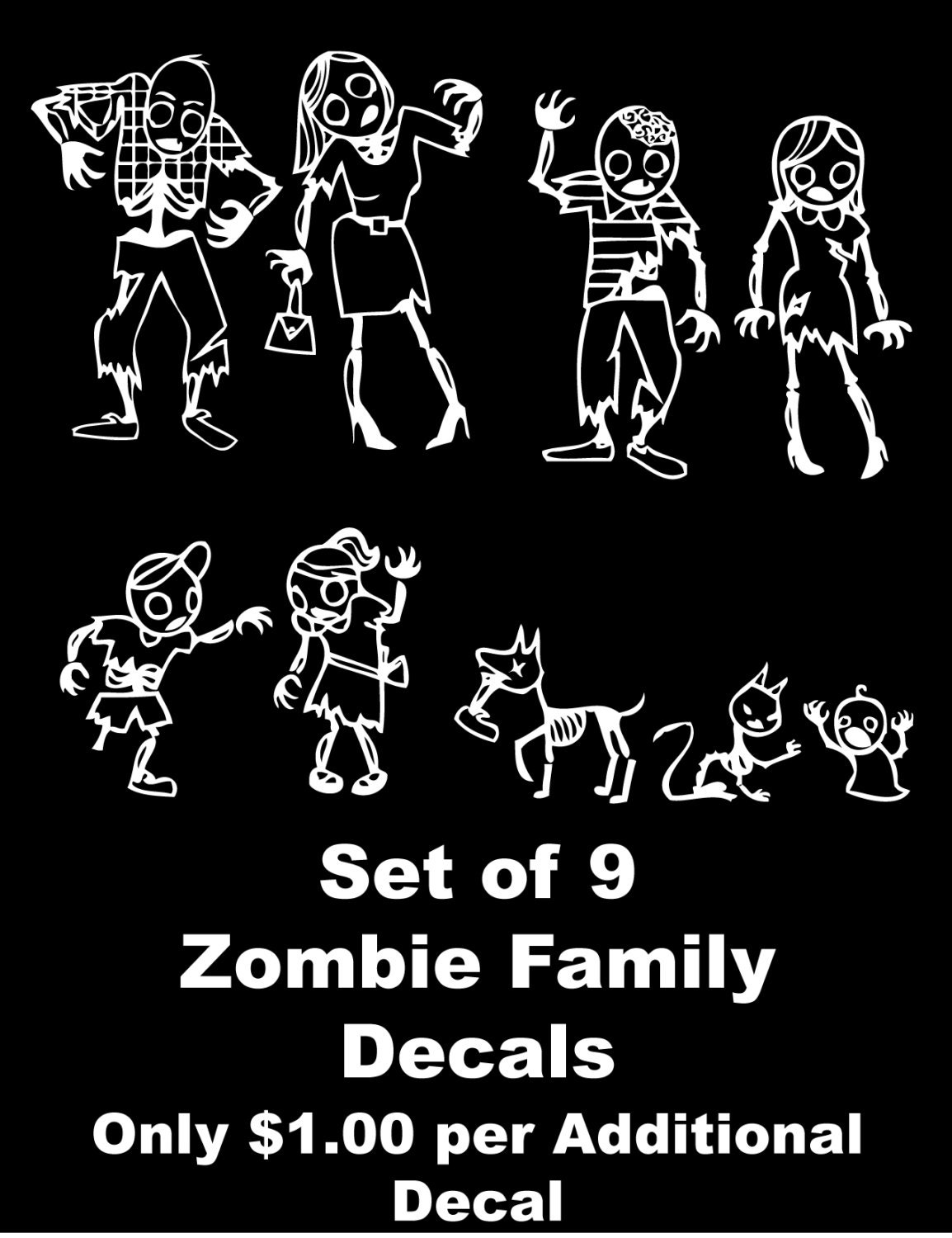 Zombie Family Decal Car Decal Window Decal Set of 9 Zombie Car Stickers