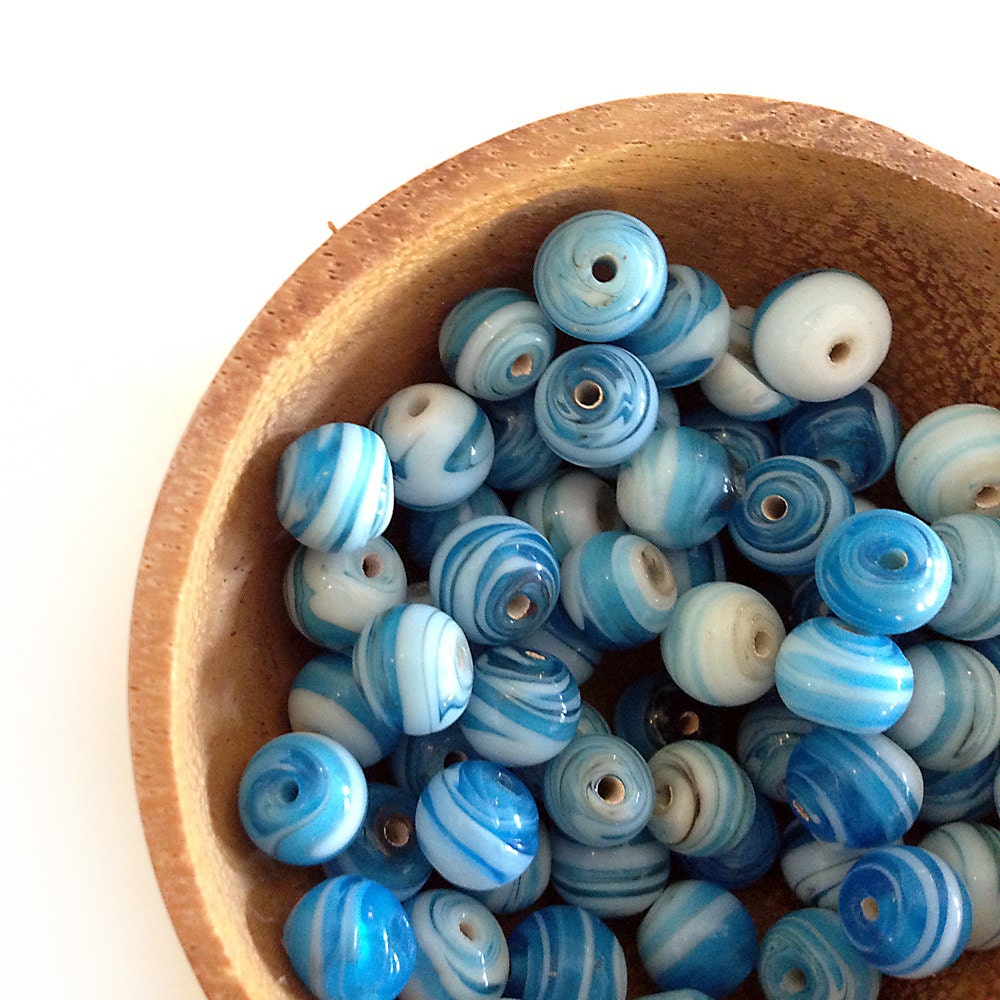 50 Pcs Sky Blue Glass Lampwork Beads, Round 8.5 mm, Blue and White, Jewelry Making Parts, DIY Supplies - HabitHobby