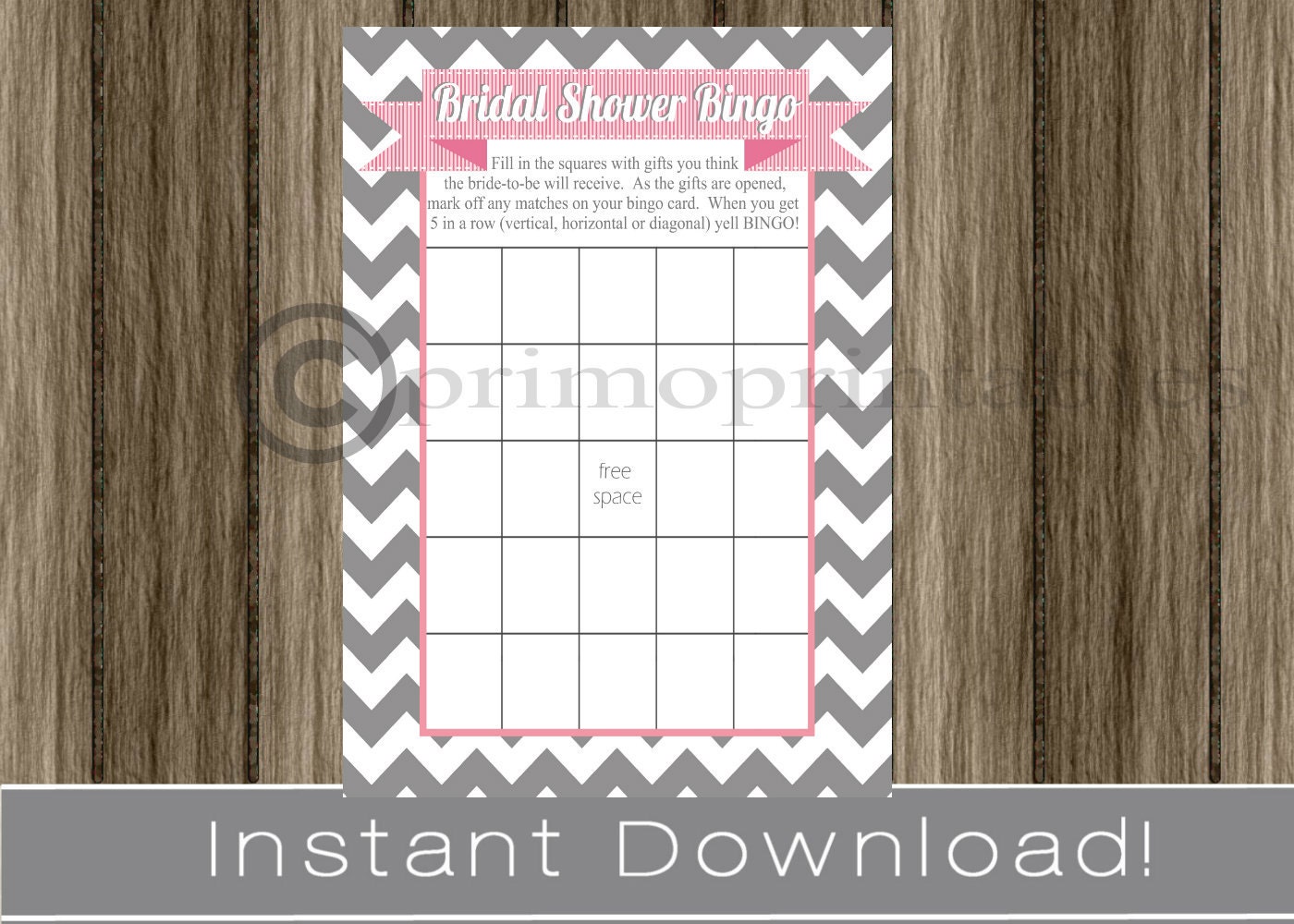 BRIDAL Shower Bingo Game Cards gray chevron and pink INSTANT DOWNLOAD diy digital printable file print your own Il_170x135