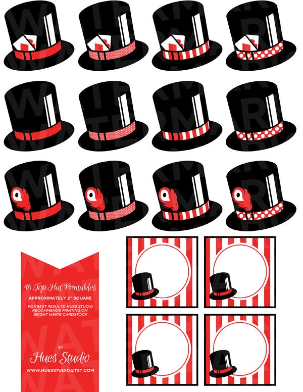 16 Red and Black TOP HAT Printables : Tags / Labels / Cupcake Toppers / Decor / Instant Download - Hues Studio Il_570xn