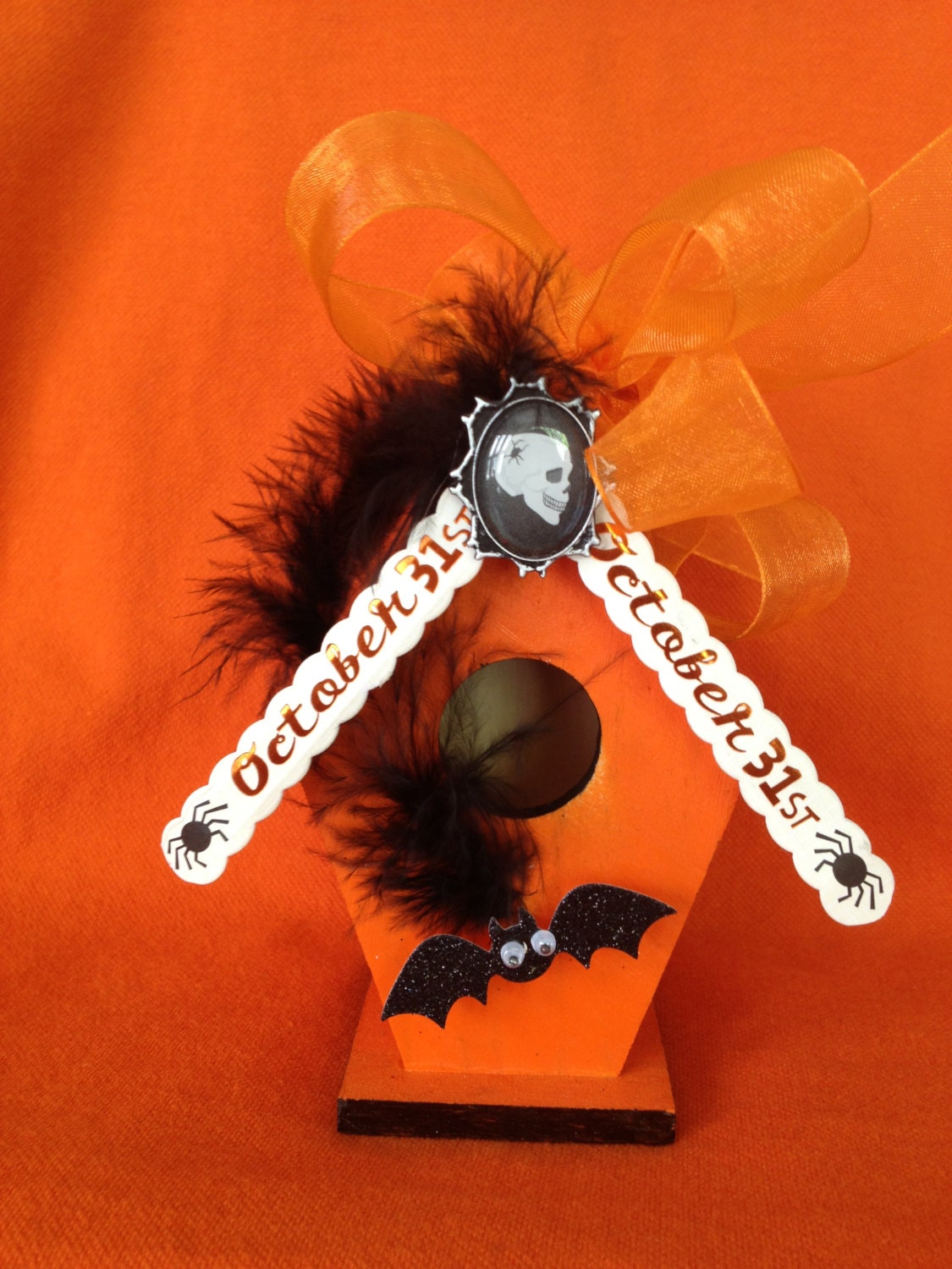 SALE - Halloween Spooky Skull n Bat Handmade Wood Birdhouse Ornament, Decoration - Black, Orange - Bling n Feathers - Unique Gift (BH153)