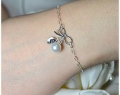 Initial BRACELET .Personalized birthstone .Custom Initial.Charm.Monogrammed Gifts.Bridesmaid gifts.wedding bridal jewelry .silver bow , knot