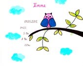 Baby Room Decoration, Canvas Art, Free Shipping, Birth Details on canvas, Baby girl Gift, Wall decor, Canvas Paintings, Baby wall art,owl