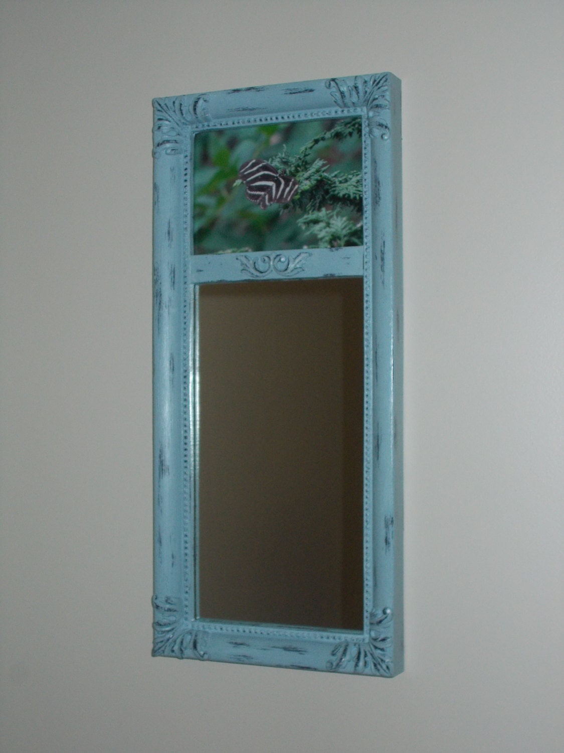 Blue Wall Mirror with 4 x 6 Photo Rectangle Mirror Distressed Upcycled Handpainted Cece Caldwell Nursery Girls Room Bathroom