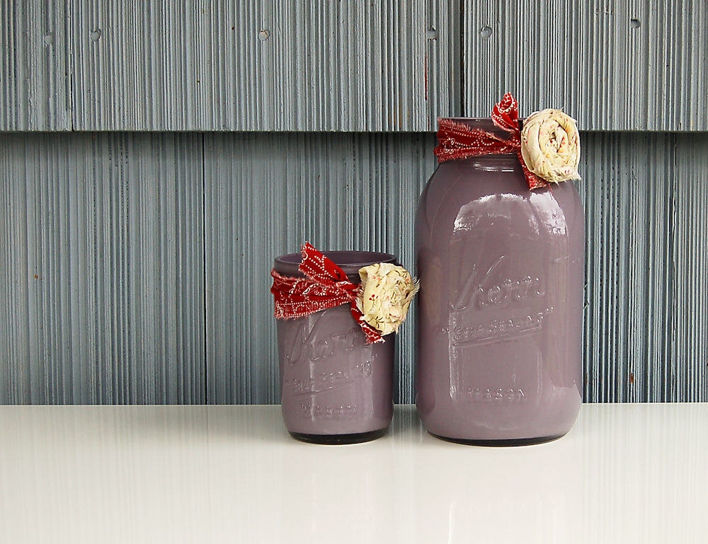 Painted Mason Jar Vases - Shabby Chic Home Decor - Beach Cottage Style - Plum Purple with Rosette