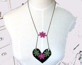 felt black heart pendant lace pink green flower charms long necklace OOAK statement handmade colorful women jewelry gift Unique SALE LOVE