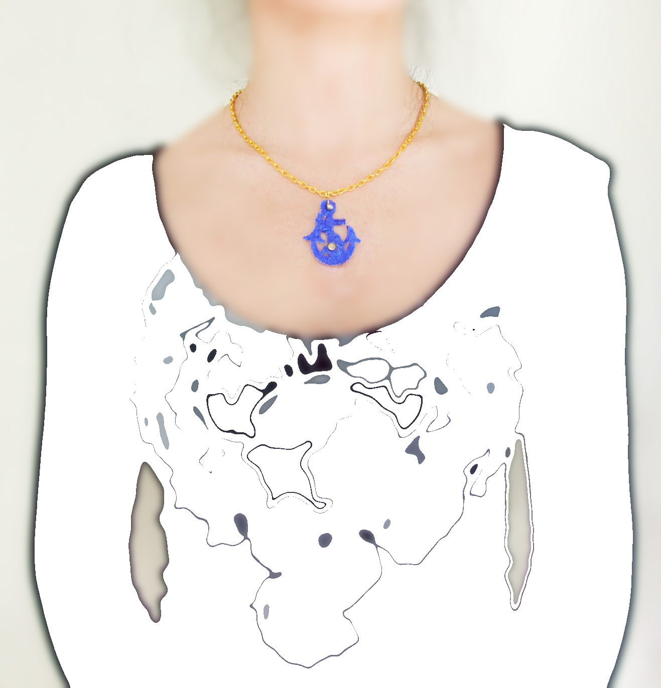 Sail blue anchor pendant gold necklace chain hand painted lace pendant necklace Unique womens Fabric jewelry gift