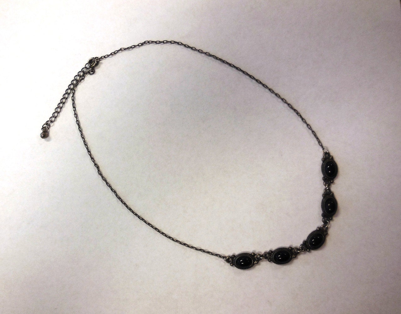 Vintage Chain Necklace Black Cameo Links Silver Tone Metal