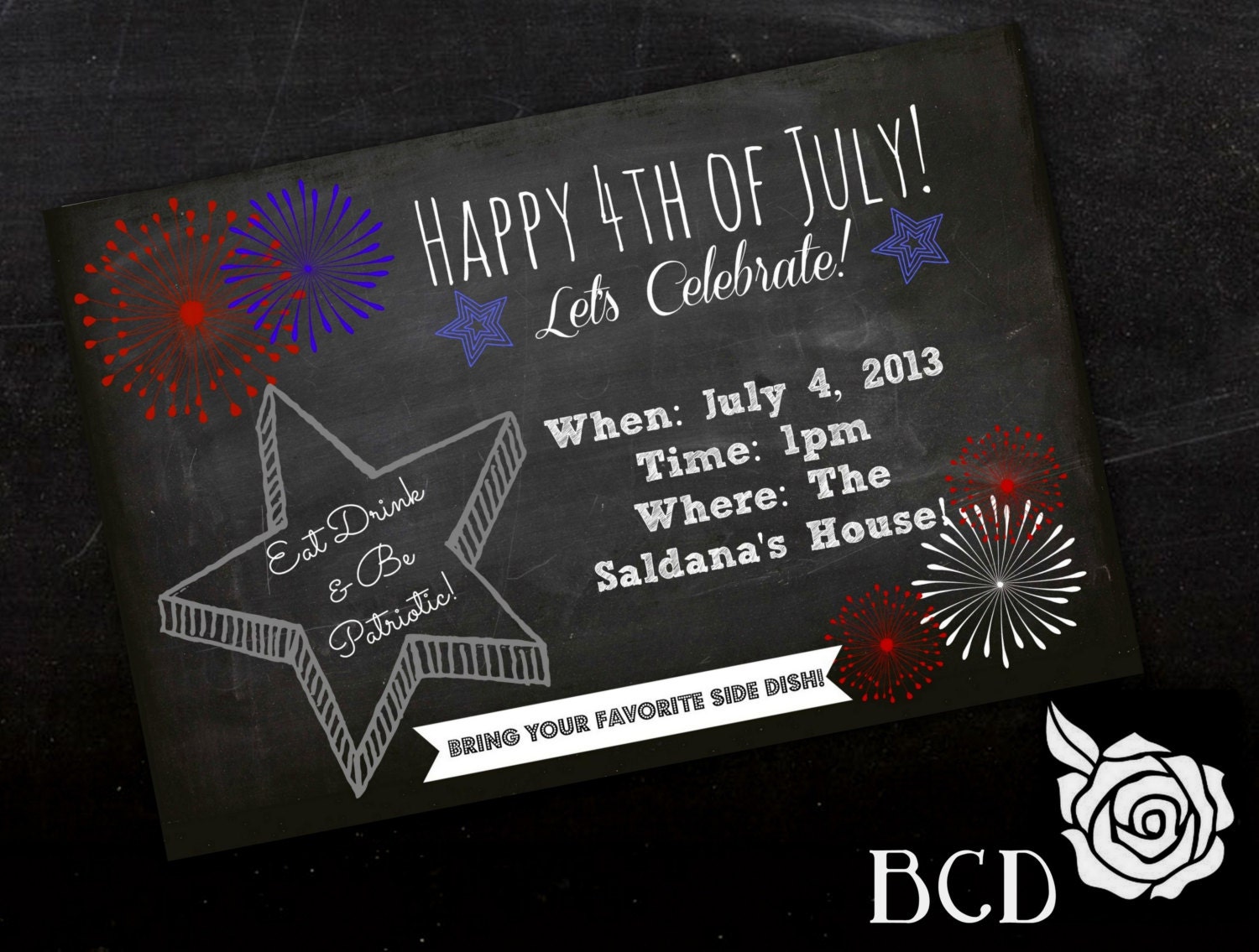 4th of July-Custom Chalkboard Style Party Invitation-Digital Print-DIY Printable File