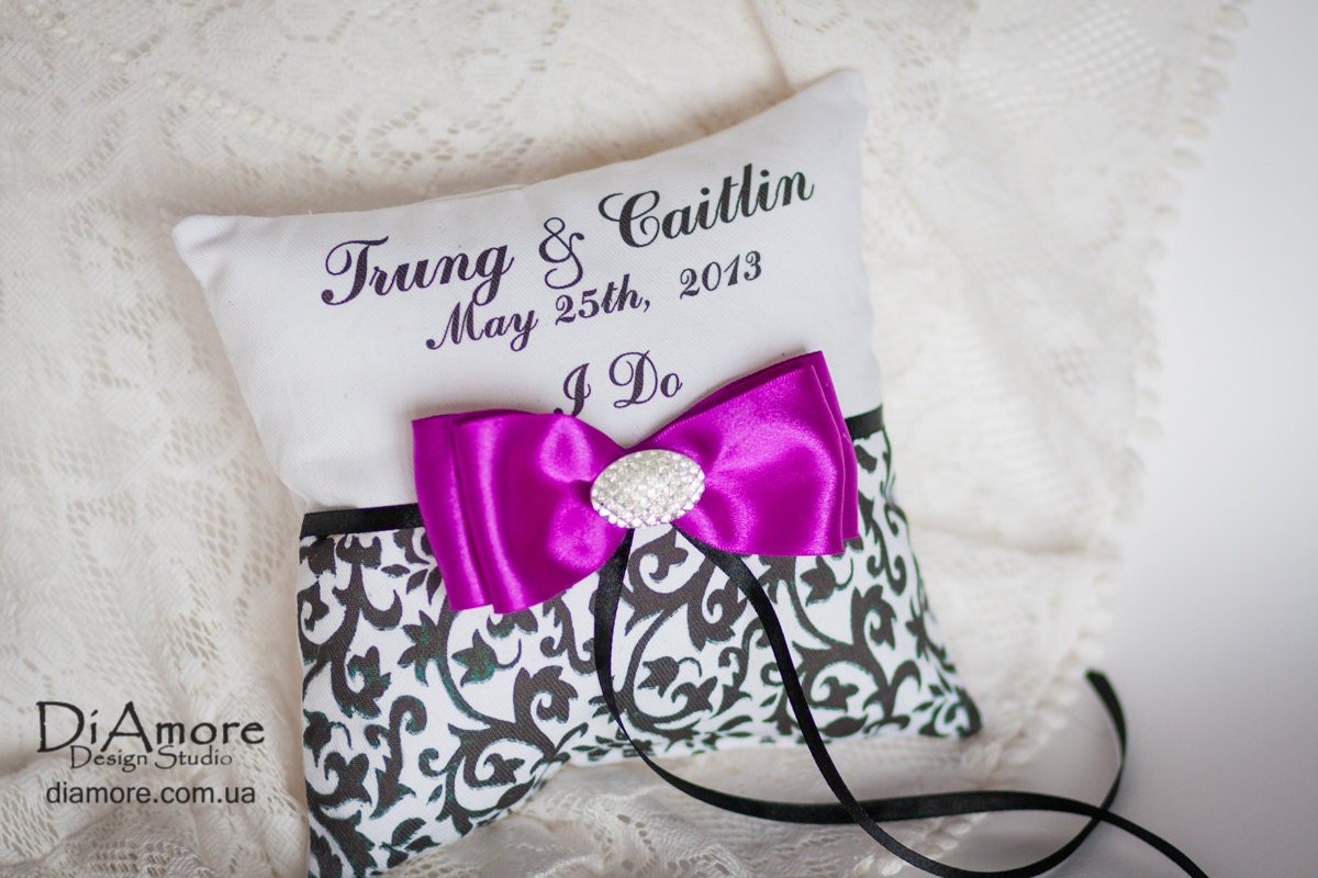 I DO -purple DAMASK ring bearer pillow / names, wedding date / Customizable Personalized Wedding Ring Pillows / black , white