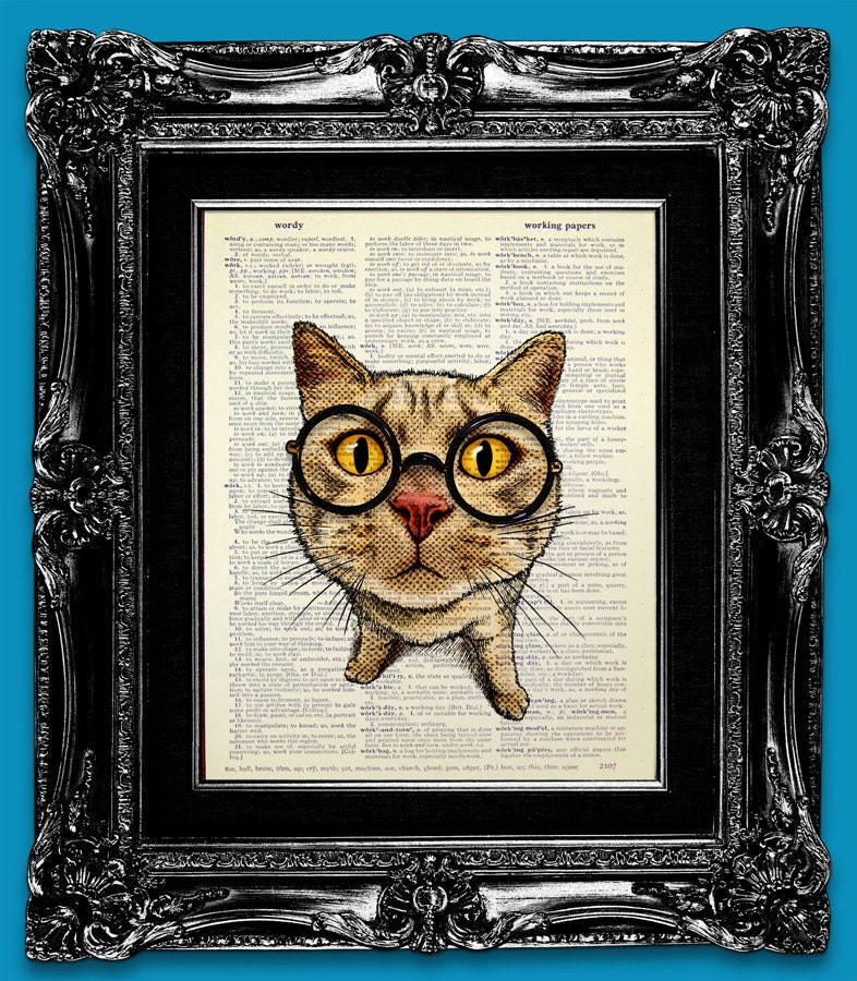 CAT ART PRINT, Cat Painting, Cat Drawing, Cat Artwork, Kitten Painting, Geekery, Upcycled dictionary page book art print - Cat Glasses Nerdy