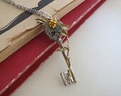 Steampunk Gold rose key necklace with swarovski crystals