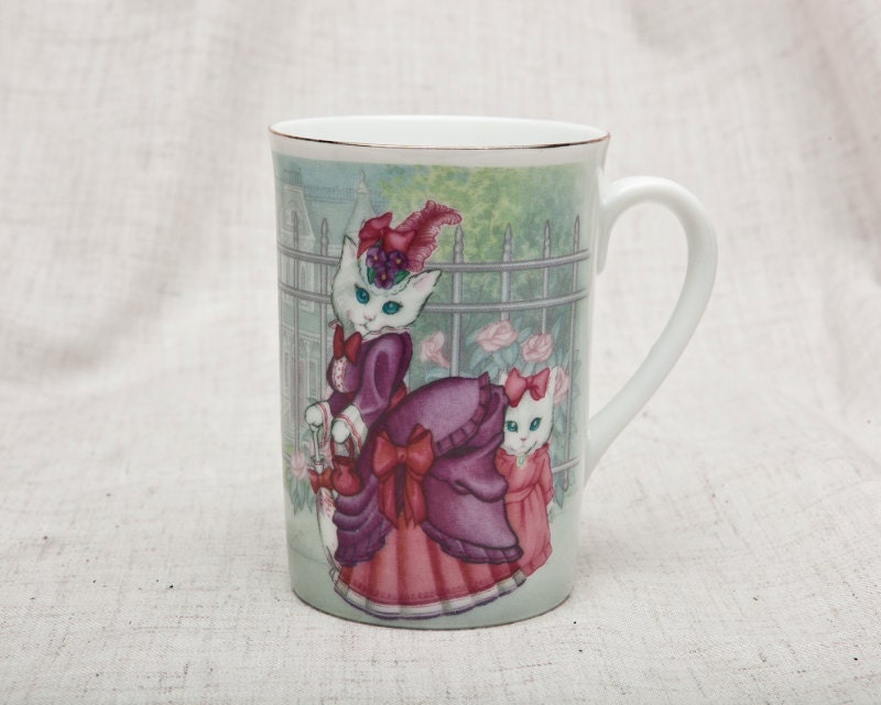 Well Dressed Victorian Cats with Roses - Otagiri Mug - 1970s-1980s - Gold Rim Porcelain Coffee Cup