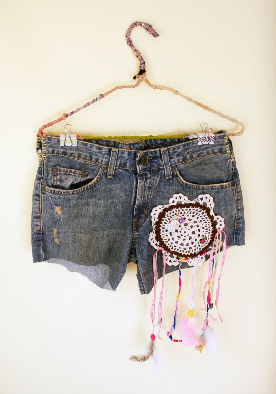 Doily Dreamcatcher Jean Shorts, High or Low Waisted, Vintage Upcycled Tribal Folk Handcrafted Embroidered, Custom Orders, Any sizes Festival