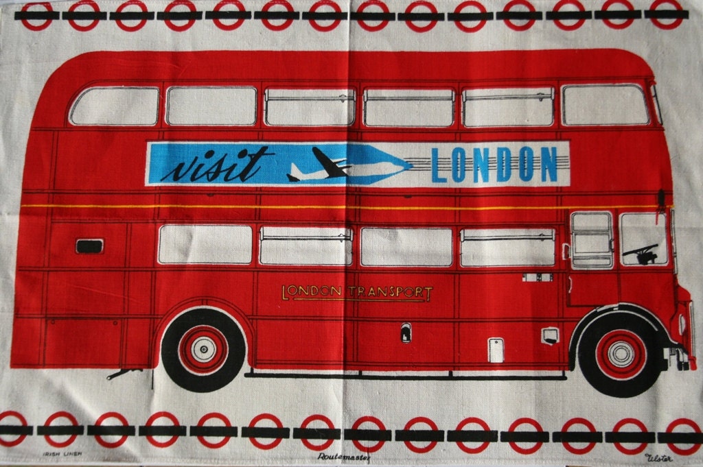 British Vintage Tea Towel / Dish Cloth from the 70's New & Never Used- London RouteMaster Bus