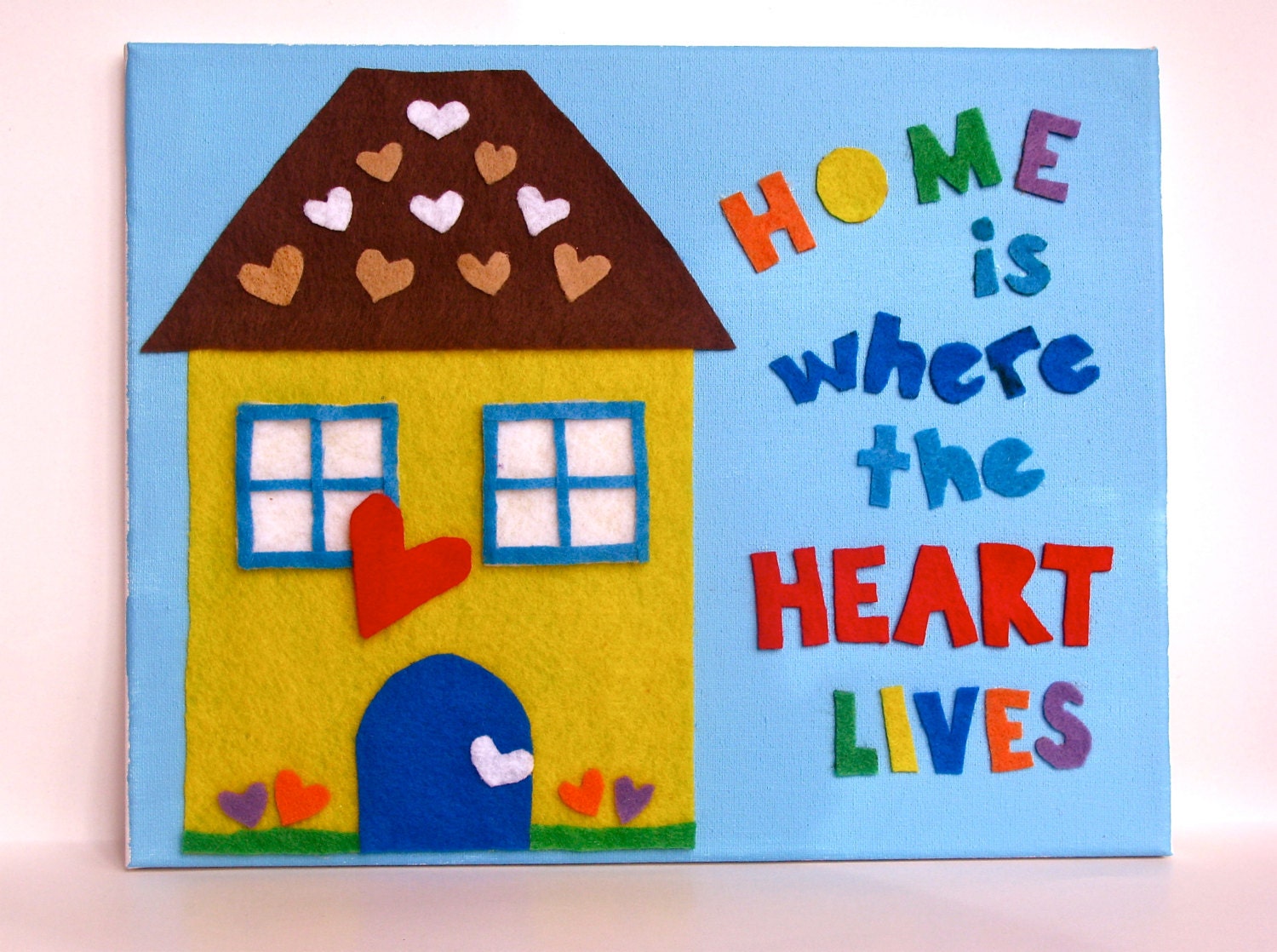 Family Wall Art Home is Where the Heart Lives colorful felt on canvas home decor