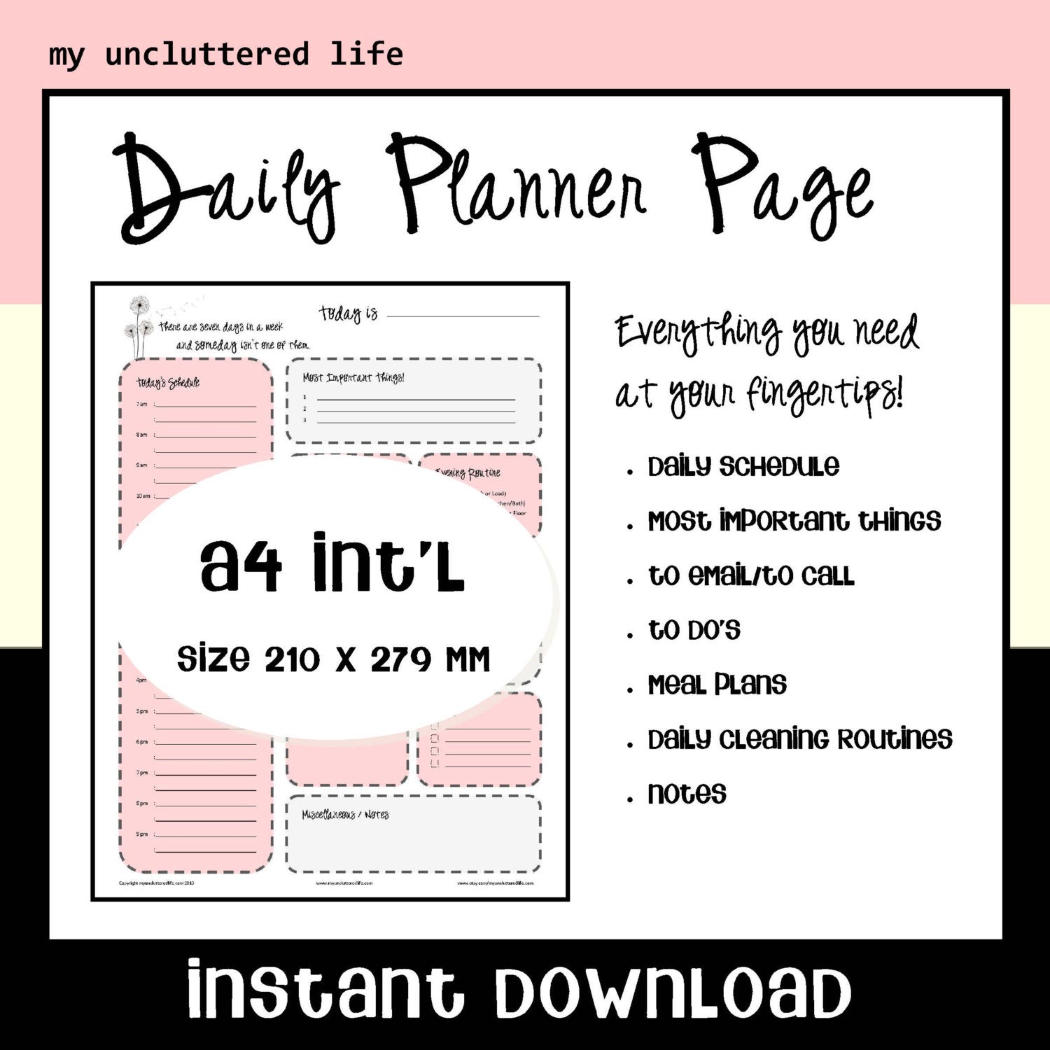 INSTANT DOWNLOAD - Daily Planner Page - Pink Dandelions, International A4 Size