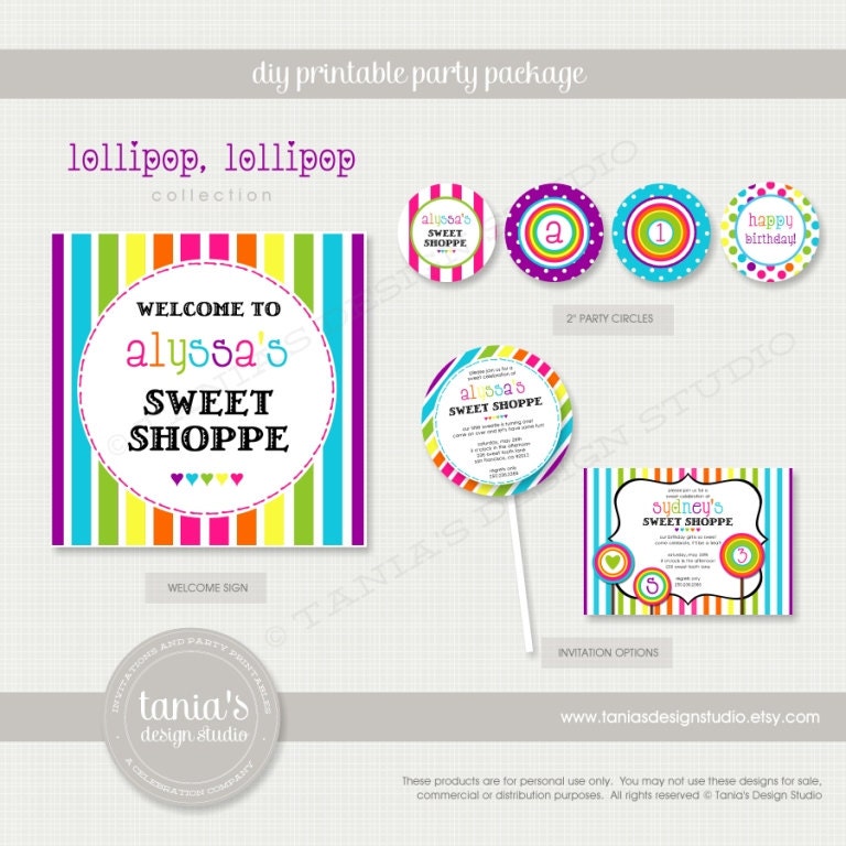 Lollipop Printable Birthday Party Package by tania's design studio