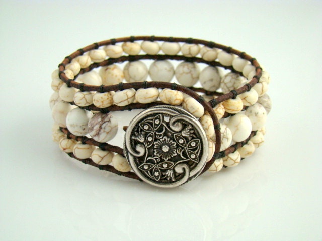 Handmade Trendy Beaded Leather Cuff Bracelet, White Magnesite Boho Chic Beadwork Wrap, Silver Tone Filigree  Button