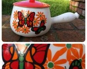 Vintage 70s Mod Kitsch Flower Power Ceramic Fondue Cooking Pot Floral Butterflies Orange Kitschy