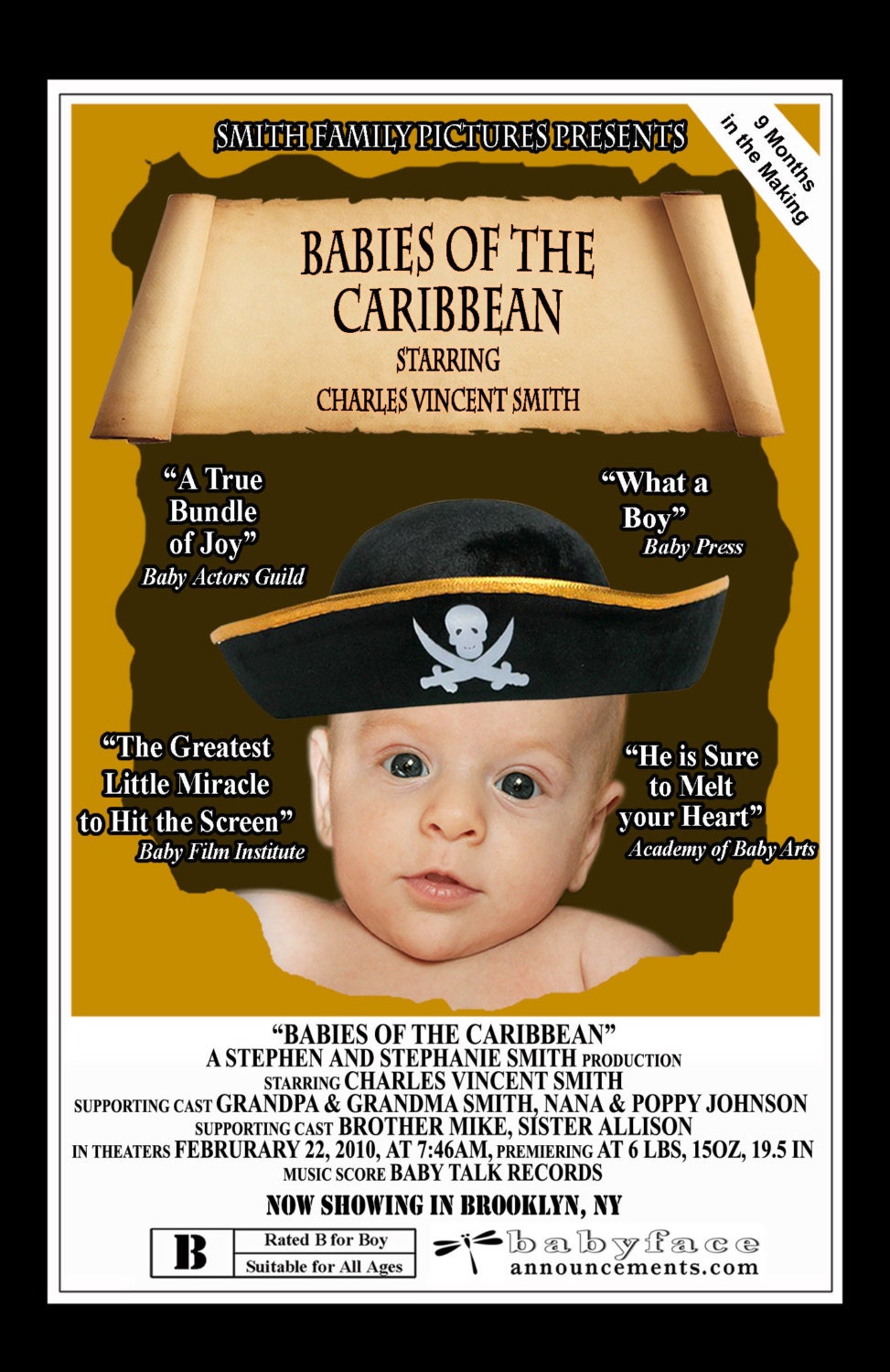 Movie Baby Announcement, FREE BACKSIDE Photo Collage, Custom Pirate Theme, Movie Poster Design