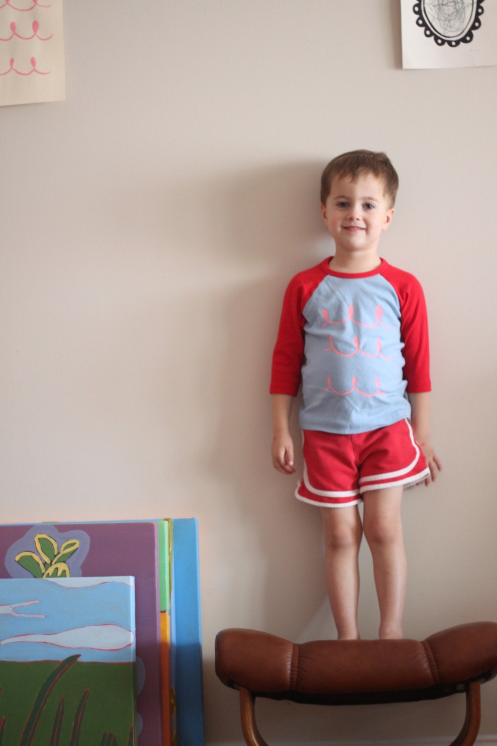 children's 6 Scallop Scribble Handmade Original Screen Print  Pink Wave Print on a Three Quarter Sleeve Raglan Shirt  Blue with Red