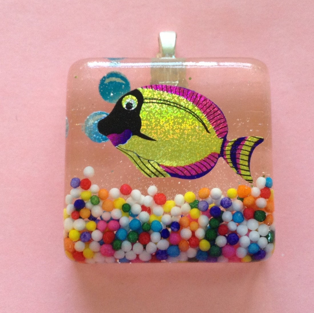 Tropical Fish & Real Candy Sprinkles in Resin with Bubbles Pendant Necklace, Kawaii Cute, Fish Enthusiast Gift, Fish Charm, Aquarium