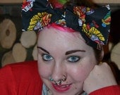 TATTOO STYLE BLACK rockabilly/ Retro 50s, vintage inspired pin-up style hair bow, hair scarf/ hair wrap/ bandana.