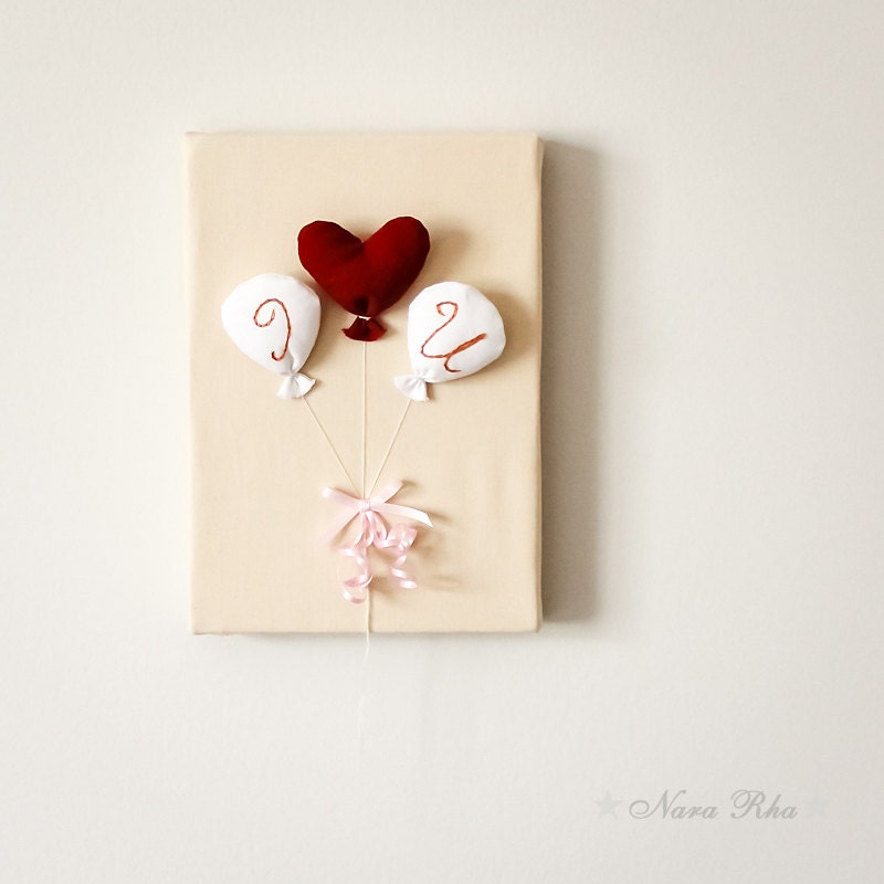 I LOVE YOU Wall Art  balloons with hand embroidery valentines heart  red heart 3d art 5X7