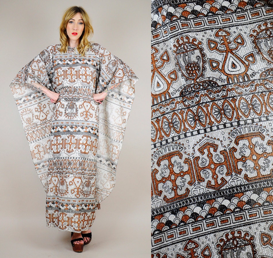 1970's NATIVE tribal print SILVER KIMONO tent maxi dress draped kaftan cape Aztec Egyptian os