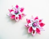 White Pink  Fabric Flower,  Kanzashi  Hair Clip, Hair Flower.Set of Two Girls Hair Accessories