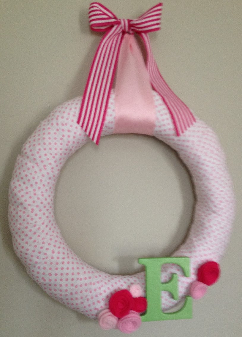 Baby Girl Pink Polka Dots Wreath w/initial for hospital door, nursery decor, or baby shower