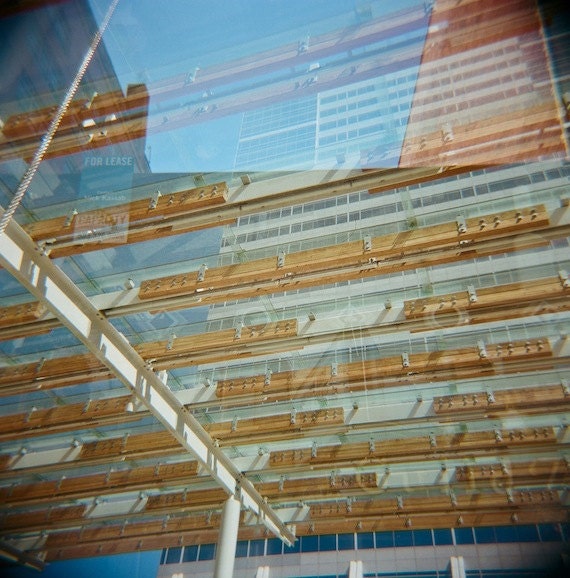 Glass City, 5x5 print with 8x8 mat (color photograph from film, urban, vintage style, wall decor)