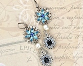 Bridal Pearl Earrings Sapphire Blue Swarovski Flower Earrings Vintage Style Wedding Jewelry Swarovski Crystal Bridal Earrings
