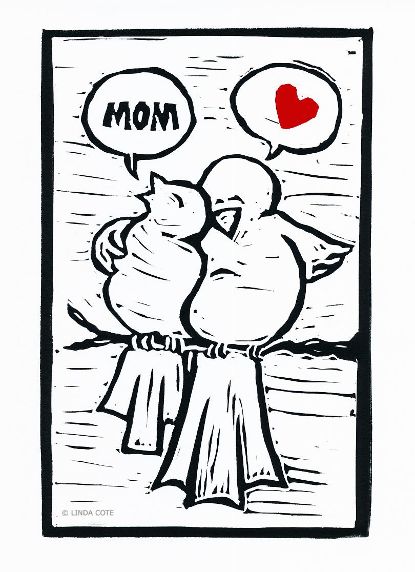 Mother Love, Hand Pulled Lino Relief Greeting Card, Bird, Printmaking Original