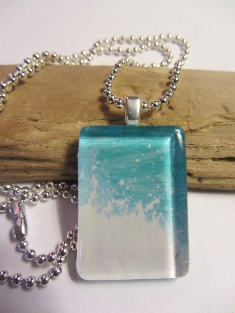 Glass Tile Necklace, Blue and White Splash of Water