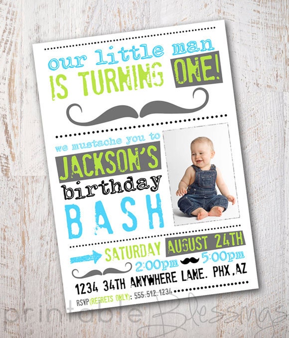 Custom Boy Birthday Card - 5x7 - Printable Mustache Design with Blue, Green, and Gray with Photo