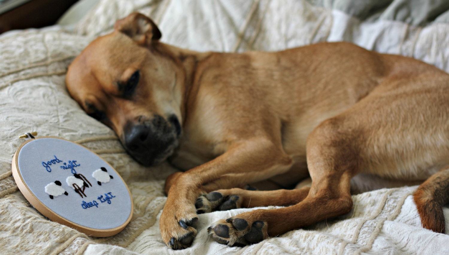 Handmade Embroidery Hoop Art "Good Night Sleep Tight" With Jumping Sheep