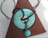 Wood- Wooden Necklace With Large Howlite Turquoise Stone Center And Leather Cord-  Indonesian Mahogany Wood Jewelry
