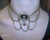 Steampunk Gold Tone Choker Multi Chain Cabochon Necklace with gear for our female Airship Pirates: Gold Steampunk style gear necklace